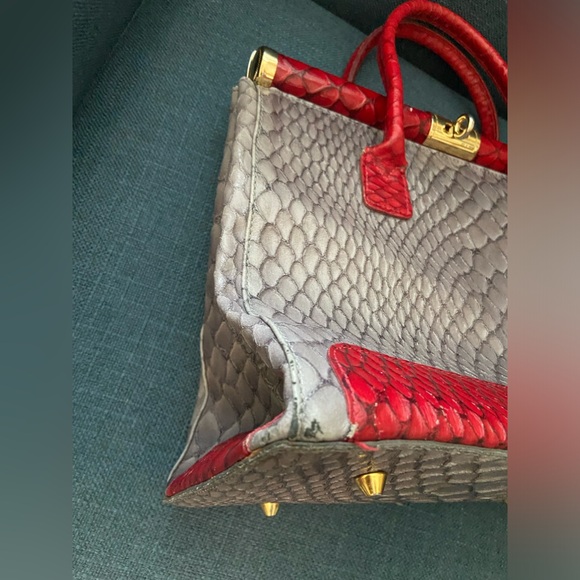 Vintage Pelle Di Giada Made in Italy, animal Print Gray & Red Leather Handbag - Picture 4 of 16